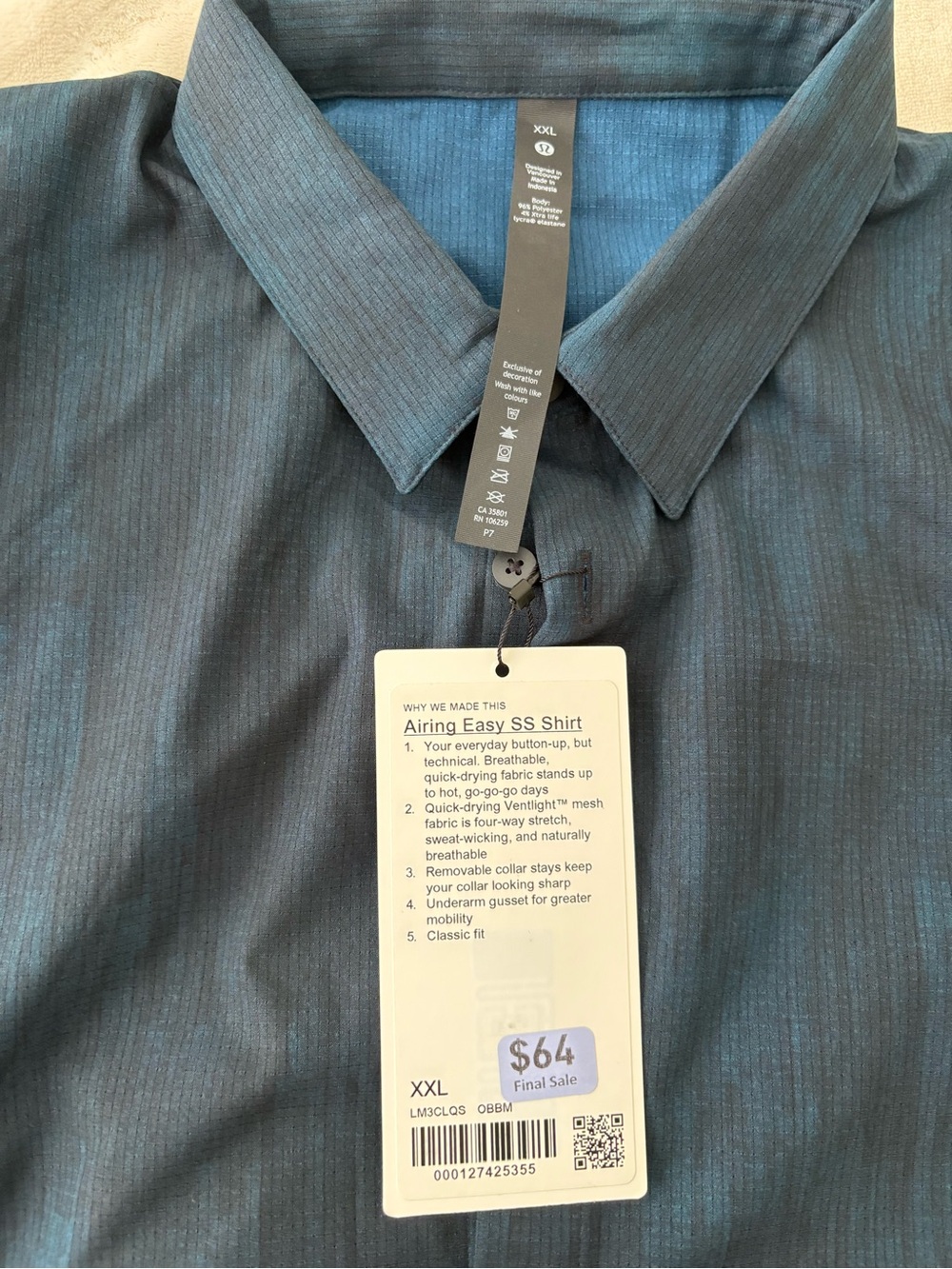 Lululemon Men's Airing Easy Short-Sleeve Button-Up Shirt in Dark Blue XXL - Picture 5 of 5